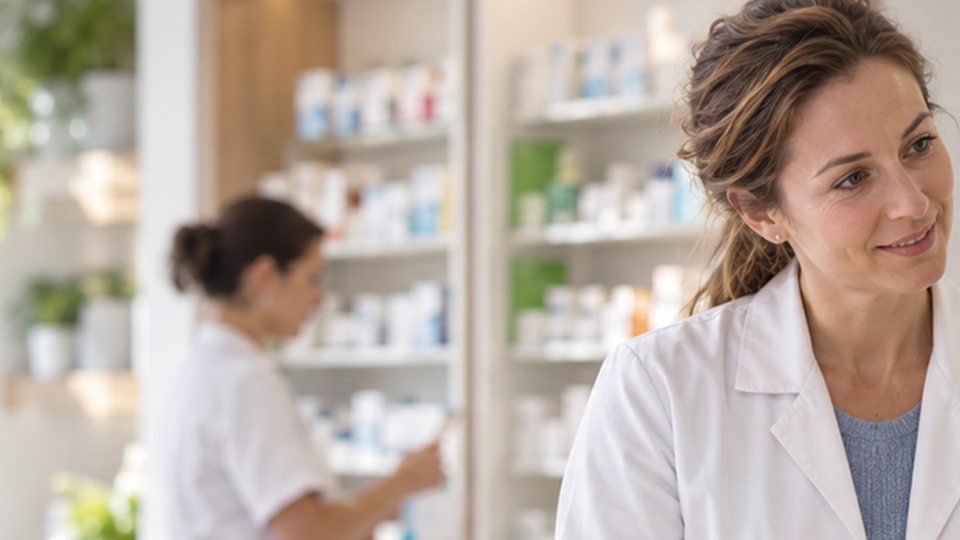 Apothekerin am HV-Tisch, im Hintergrund prüft eine Kollegin den Bestand