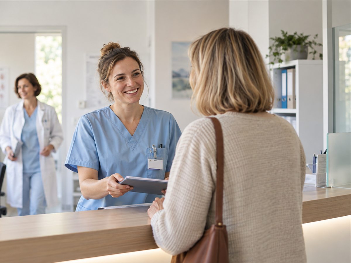 MFA an der Anmeldung lächelt einer Patientin zu, im Hintergrund eine Ärztin
