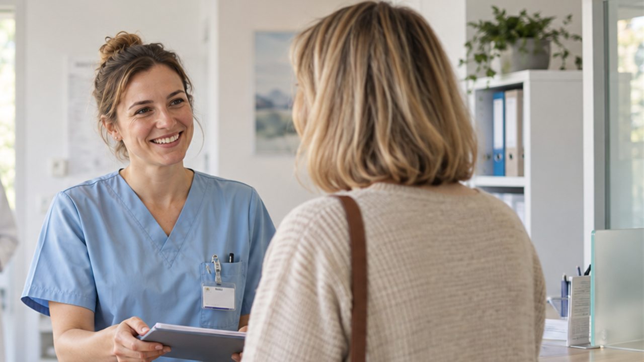 MFA an der Anmeldung einer Arztpraxis im Gespräch mit einer Patientin