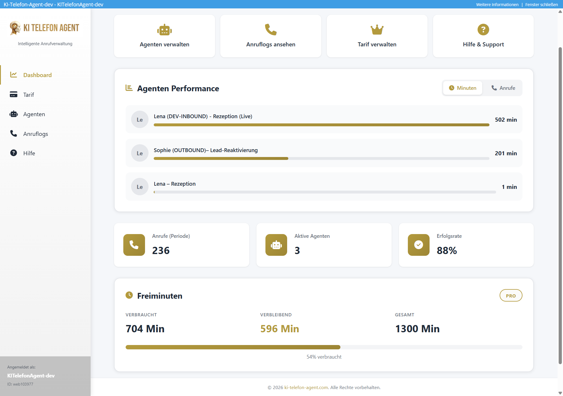 KI Telefon Agent Dashboard — Agenten Performance, Anrufe, Freiminuten